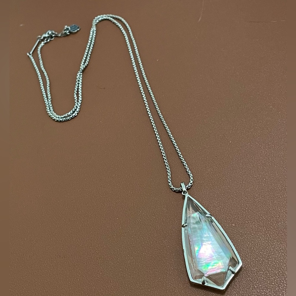 Kendra Scott long necklace with glass and iridescent pendant